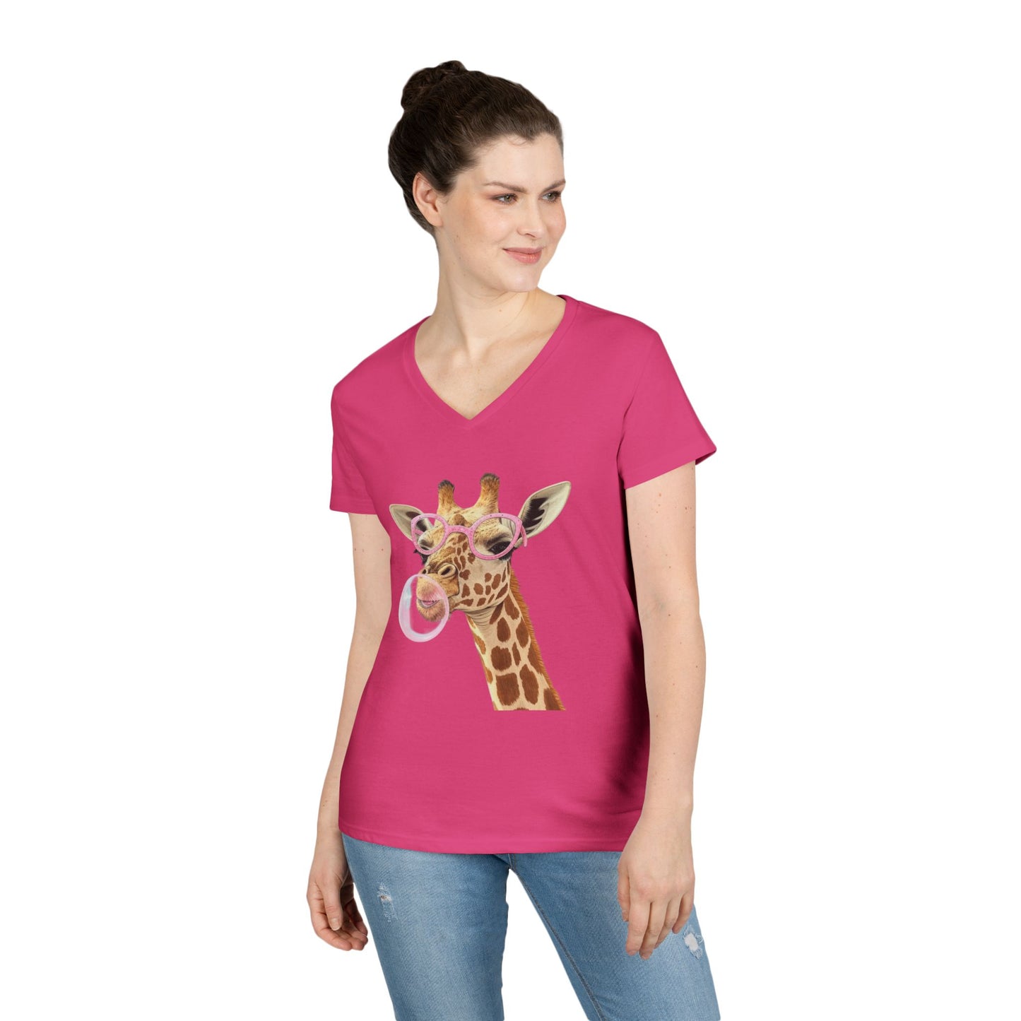 Giraffe Bubble Gum V-Neck T-Shirt | Animal Lover Gift
