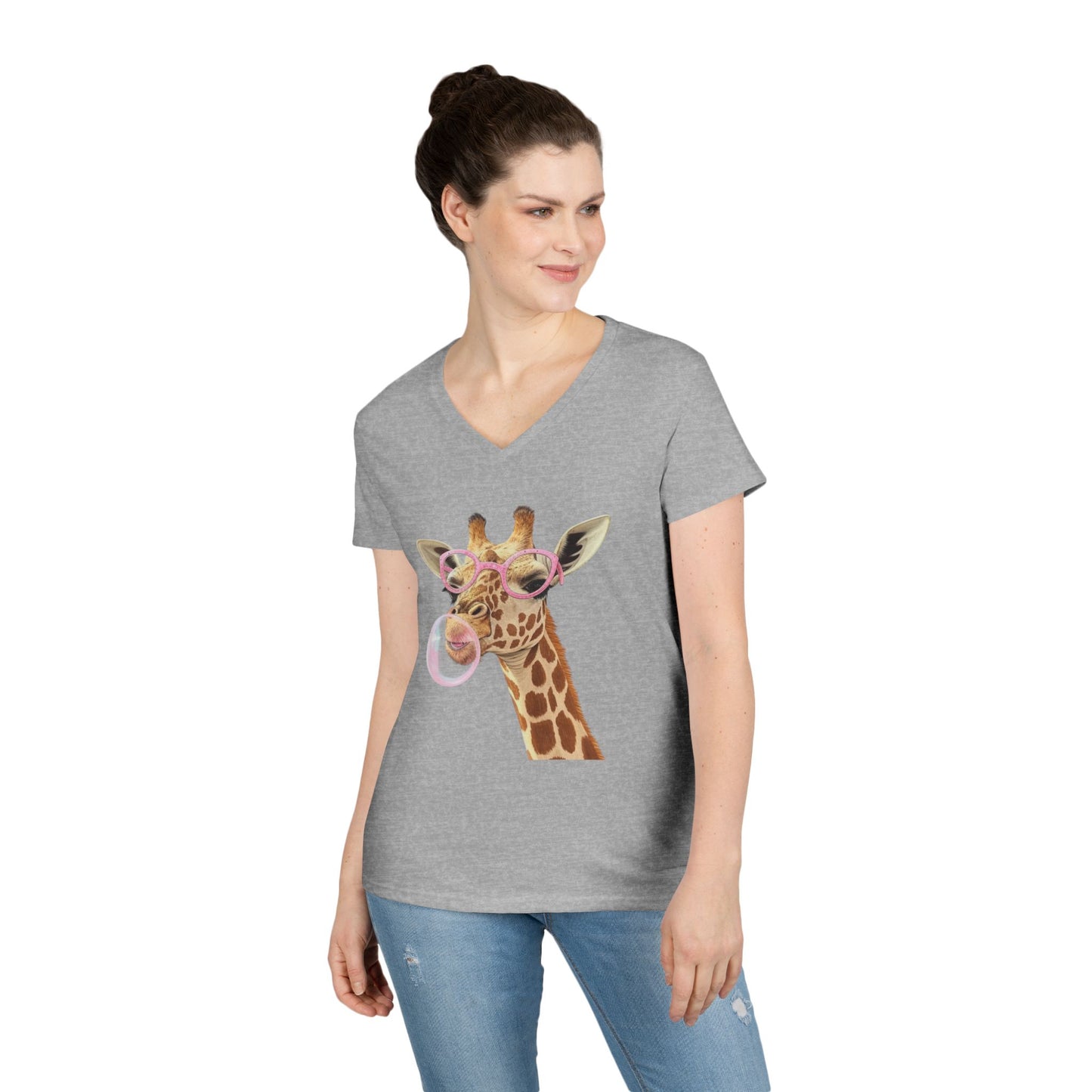Giraffe Bubble Gum V-Neck T-Shirt | Animal Lover Gift