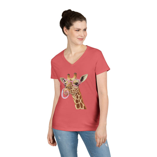 Giraffe Bubble Gum V-Neck T-Shirt | Animal Lover Gift