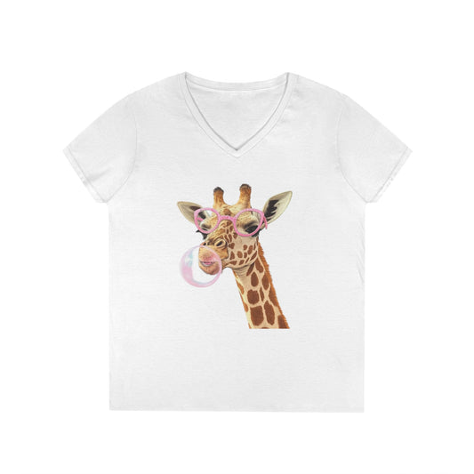 Giraffe Bubble Gum V-Neck T-Shirt | Animal Lover Gift